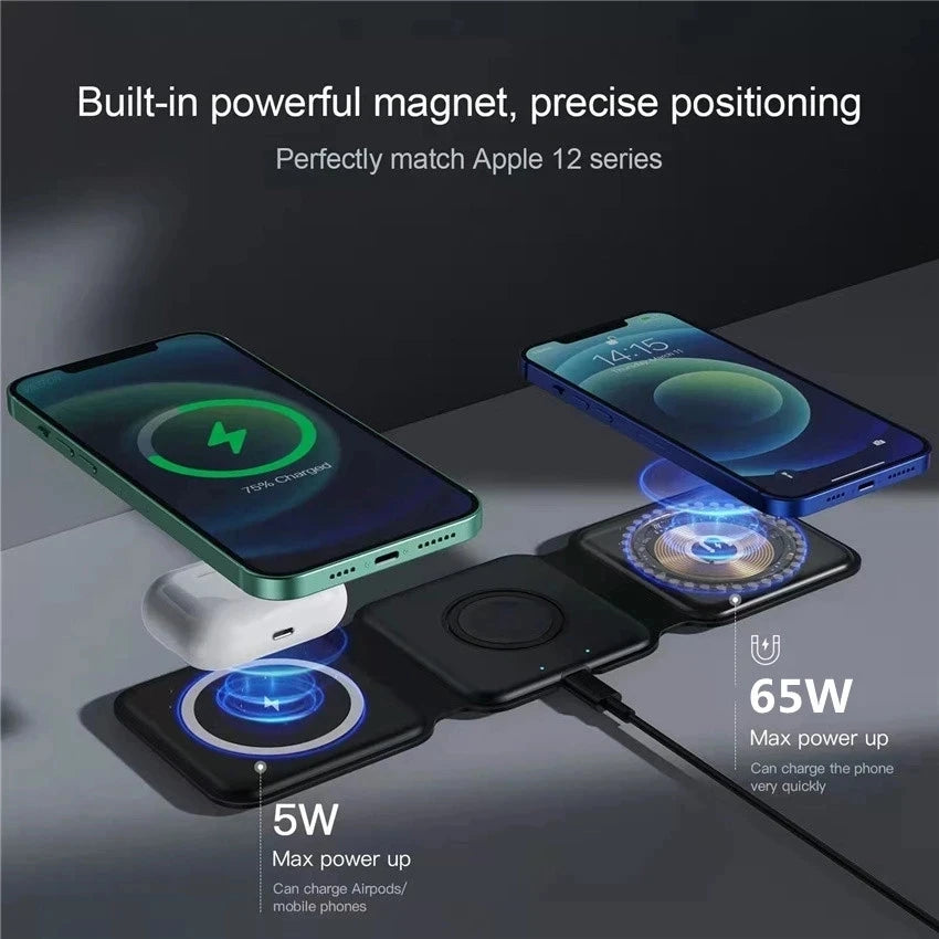 100W 3 in 1 Magnetic Wireless Charger Stand Foldable for iPhone 14 13 12 Pro Max 8 Airpods iWatch 8 7 Fast Charging Dock Station