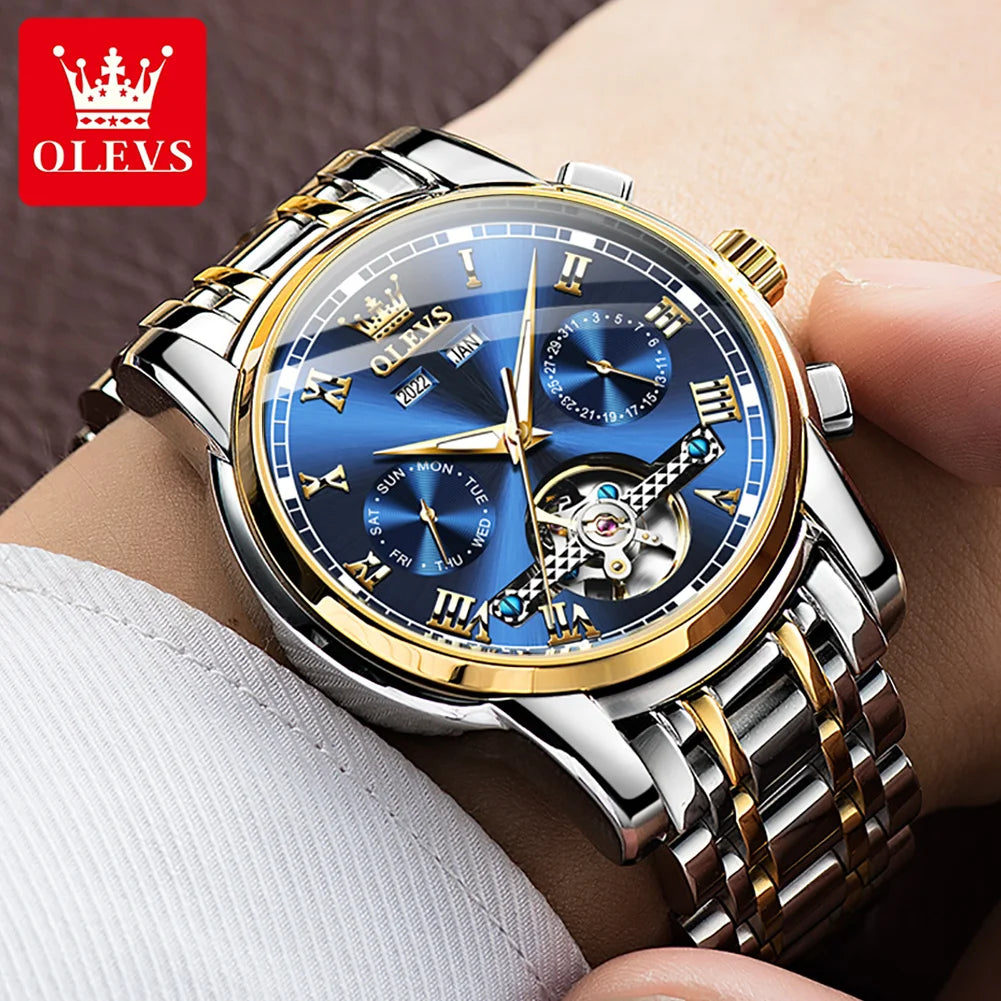 OLEVS 6607 Original Men's Watches Automatic Mechanical Business Wristwatch Skeleton Waterproof Stainless Steel Watch for Men Hot