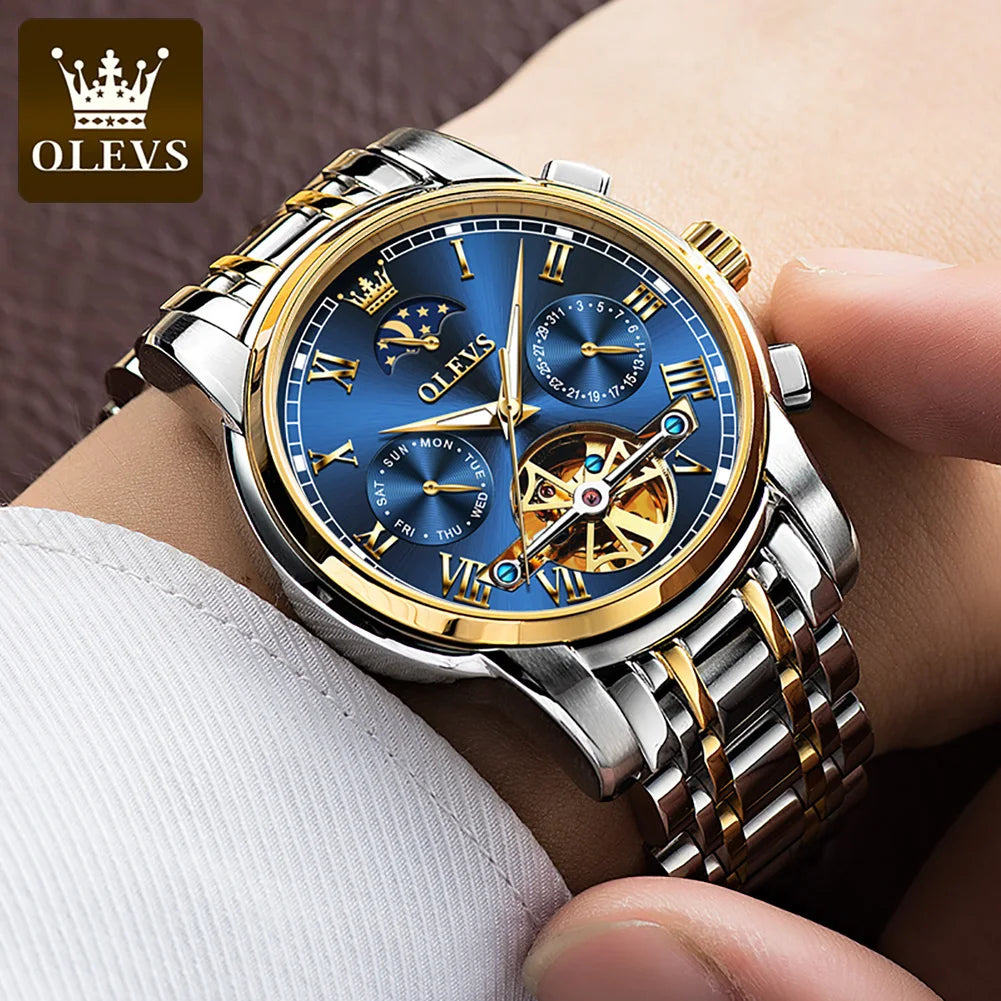 OLEVS 6617 Automatic Watch for Men Skeleton Tourbillon Design Stainless steel Moon phase Date Wristwatch Top Brand Fashion Watch