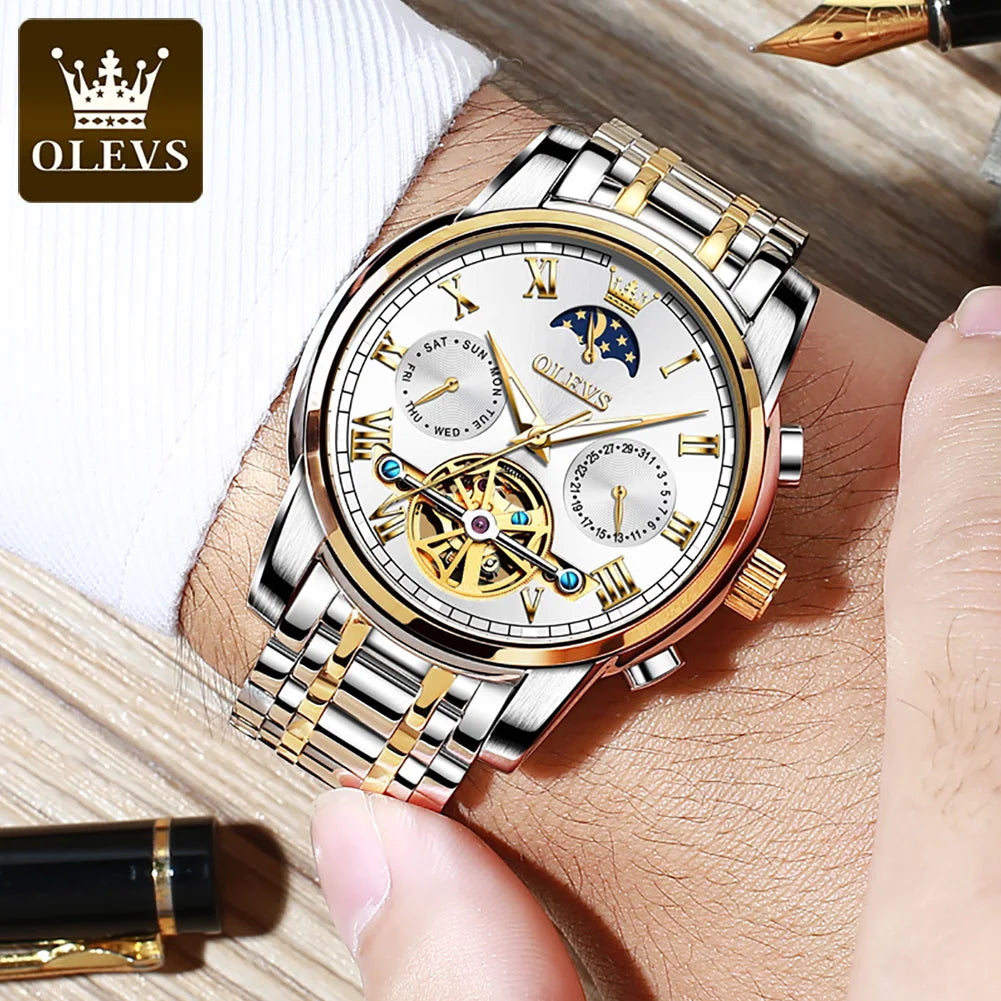 OLEVS 6617 Automatic Watch for Men Skeleton Tourbillon Design Stainless steel Moon phase Date Wristwatch Top Brand Fashion Watch