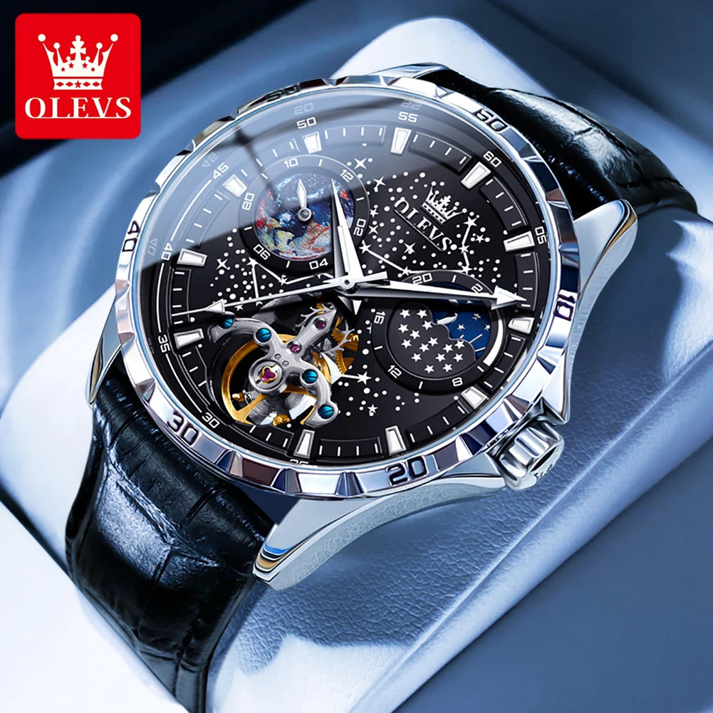 OLEVS 6689 Men's Watches Waterproof Multifunctional Luminous Fully Automatic Mechanical Watch Moon Phase Starry Disk
