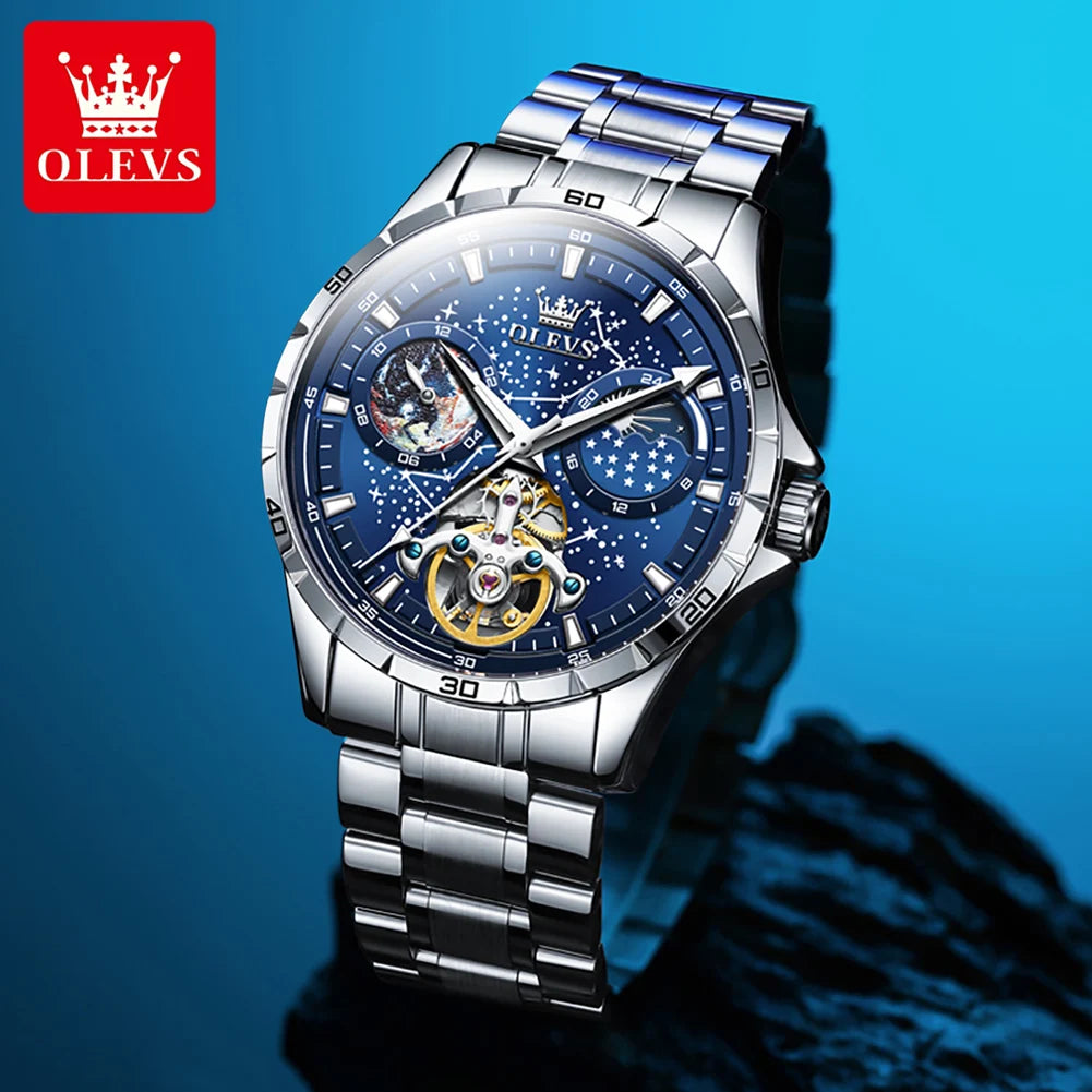 OLEVS 6689 Men's Watches Waterproof Multifunctional Luminous Fully Automatic Mechanical Watch Moon Phase Starry Disk